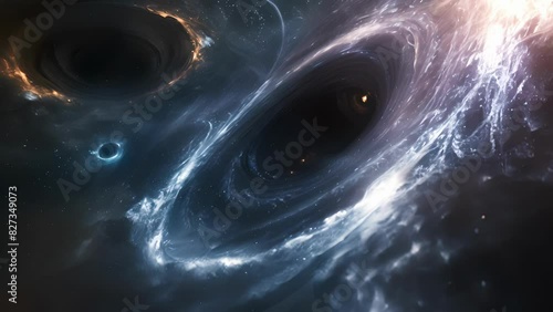A black hole merger occurs as two spiraling masses of particles converge creating a massive gravitational pull. photo