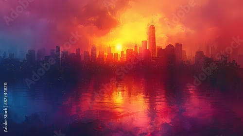 vibrant cityscape at dawn with buildings in soft liquid hues