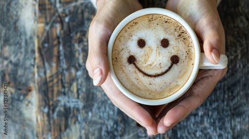 Top view of woman s hands with happy face drawn on coffee foam in cup, creating cheerful scene photo