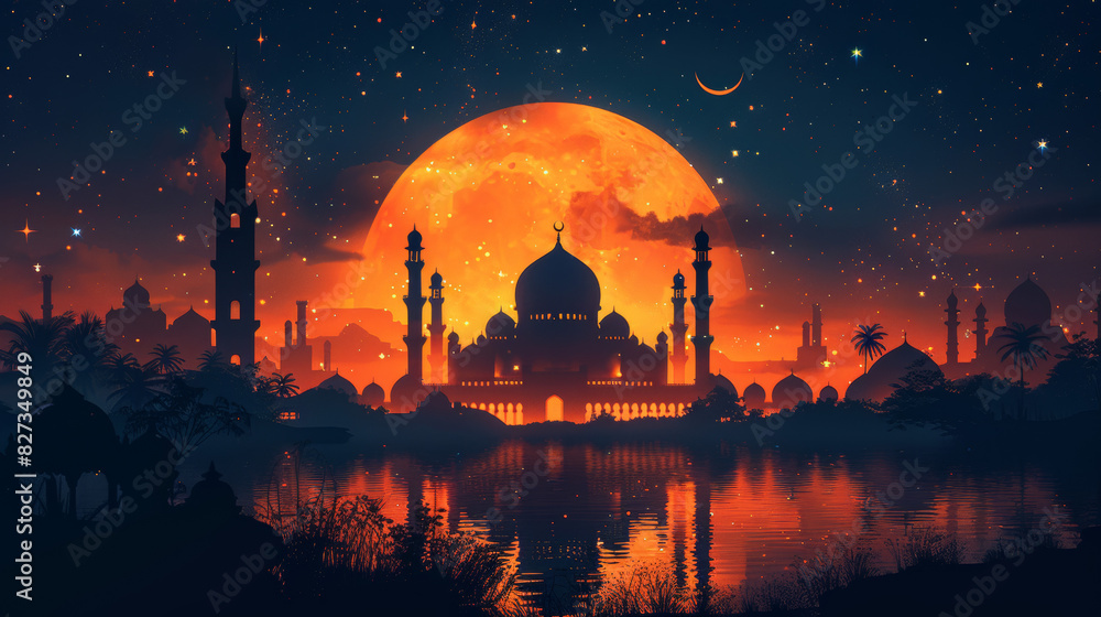 Obraz premium Illustration of an Islamic greeting card for Ramadan Kareem showing a mosque at night 