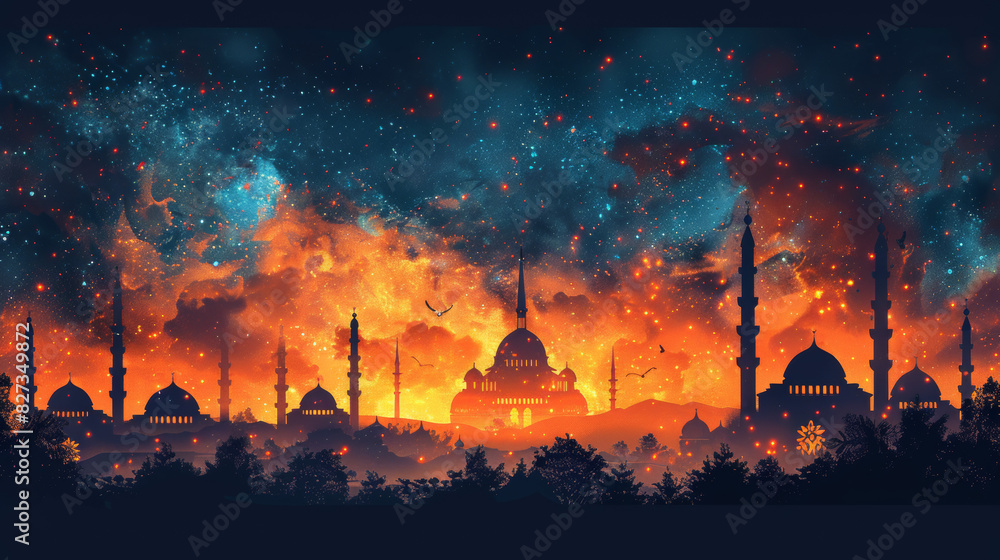 Obraz premium Illustration of an Islamic greeting card for Ramadan Kareem showing a mosque at night 