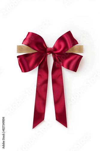 Minimalistic Red ribbon and bow with gold photorealistic high quality isolated on white background