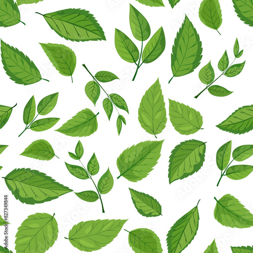 seamless pattern features various shades and shapes of green leaves against a white background. Perfect for nature-themed designs, eco-friendly packaging, and botanical illustrations