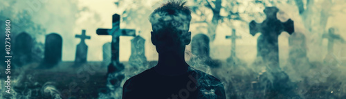 halloween ghost close up, focus on, copy space, eerie apparition, double exposure silhouette with graveyard photo