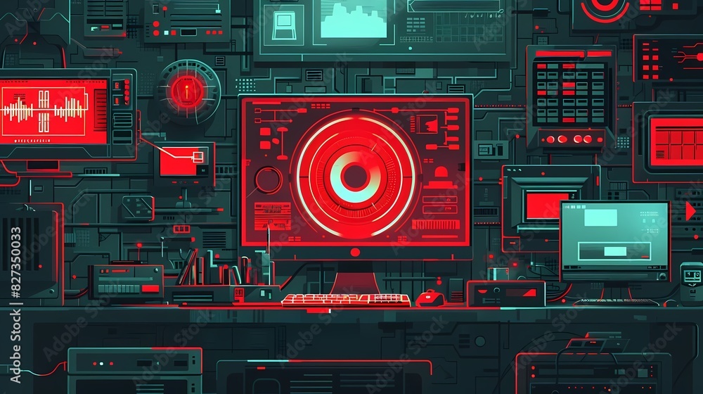 Picture a flat design of a cyber attack being thwarted by a security system Picture a flat design of a cyber attack being thwarted by a security system