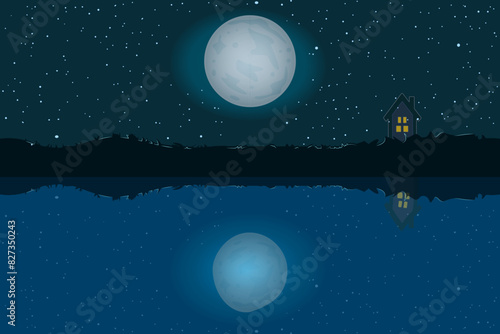 Little house,lake,and night sky with stars and moon.Night landscape background.Midnight scene with one home on starry sky.Dreamy sleep nightfall backdrop with farmhouse,lunar and starlit heaven.Vector