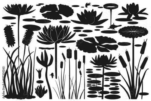 Set Of Black Aquatics Plants, Lake Plants Vector Collection, Seaweeds Icon Silhouette Element Set