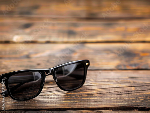 Sleek black sunglasses resting on a rustic wooden table against a blurred background. © Szalai