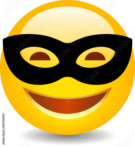 Happy emoji with black anonymous mask, vector cartoon