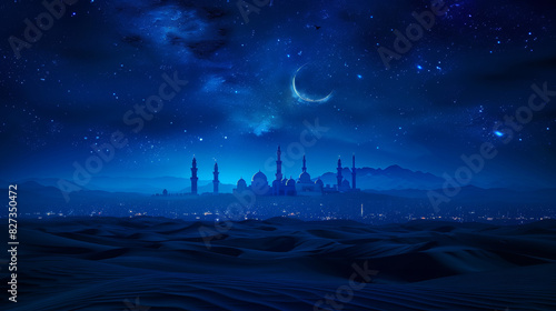 Dark blue monochrome desert night  city , moon and stars in the skyline , islamic decoration style 