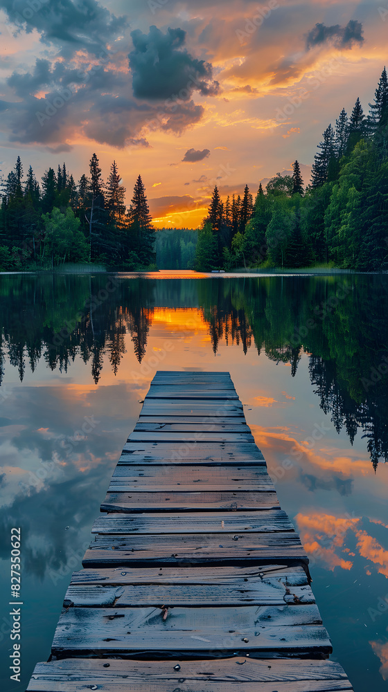 Golden Sunset Reflections: Peaceful Evening at a Tranquil Lake Surrounded by Majestic Pine Trees