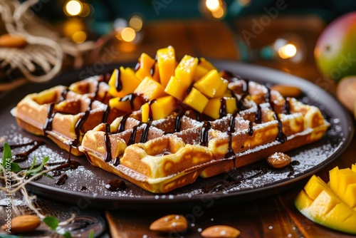 A delicious waffle topped with mango and chocolate sauce served on a plate photo