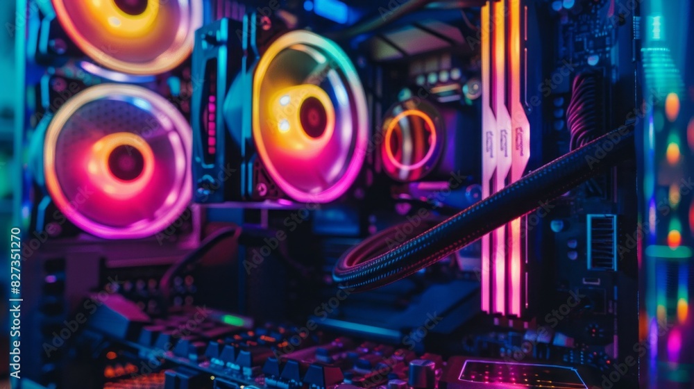 A computer case with neon colored fans and a keyboard A computer case with neon colored fans and a keyboard