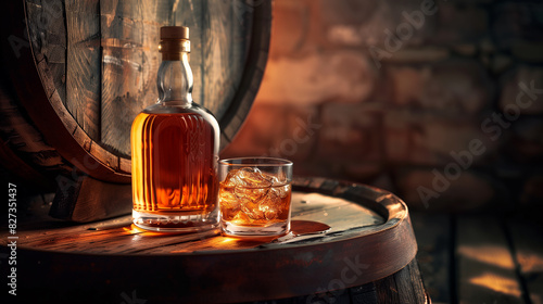 A bottle of whiskey sits on a wooden table next to a glass filled with ice cubes