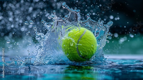 Vibrant tennis ball splashing in clear water with dynamic droplets © volga