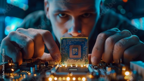 A man is looking at a computer chip. Concept of curiosity and fascination as the man examines the intricate details of the chip