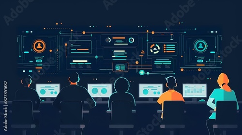 Visualize a flat design of a cybersecurity team monitoring a network photo