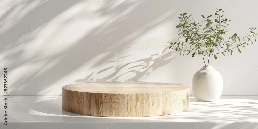 natural wood podium table, empty wooden podium on white wall background with shadow leaves, Empty or blank minimal wooden table counter, for product presentation natural wood podium table, empty wooden podium on white wall background with shadow leaves, Empty or blank minimal wooden table counter, for product presentation