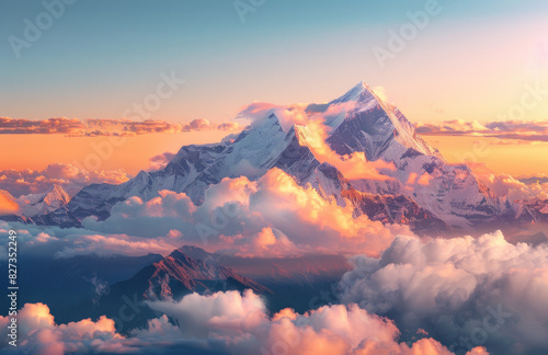 In the sky, clouds and mist surround three snowcapped mountains in front. The peaks can be seen through the white fog