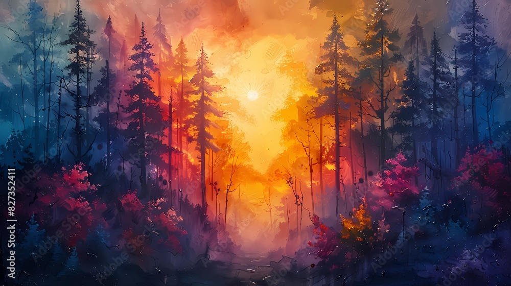 vibrant forest with sunlight filtering in soft liquid hues