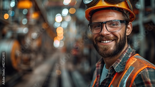 portrait of young professional heavy industry engineer worker wearing safety vest and hardhat smiling on camera in the background unfocused large industrial factory photo