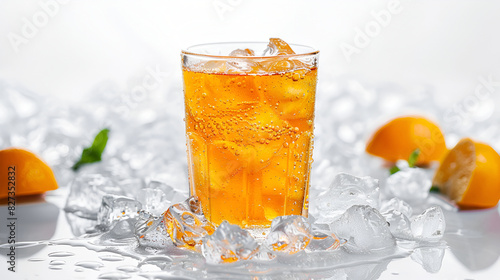 An orange soda drink is isolated on a white background. The view is from the top,cold summer drinks in garden,A white background showcases an orange soda drink enclosed in a glass, as seen from above.