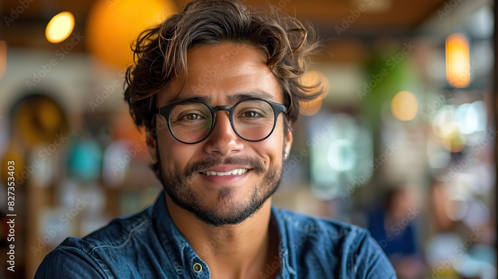 young hispanic man wearing blue shirt and glasses looking at camera with positive confident smile young hispanic man wearing blue shirt and glasses looking at camera with positive confident smile