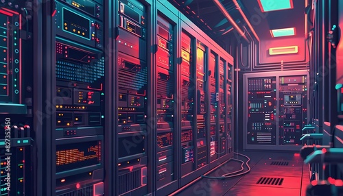 Imagine a flat design of a data center with secure servers and network cables photo