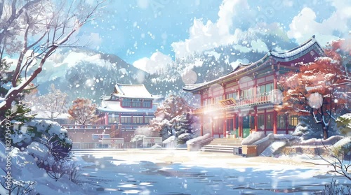 Front view of Korean school building in winter with mountain background view. cartoon or anime style. 4k digital painting animated video background that moves smoothly and loops