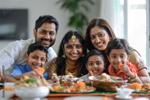 Happy Indian family sharing meal  festive spirit  smiles
