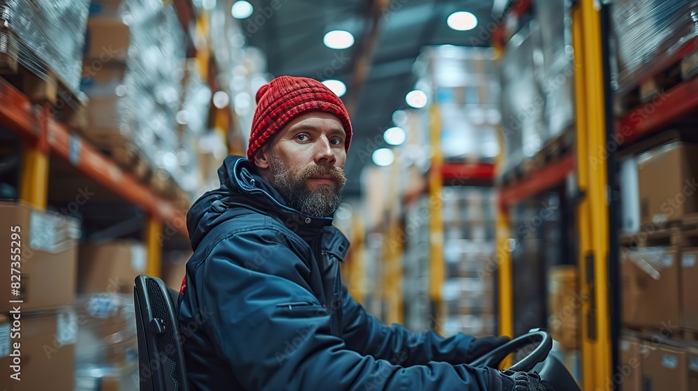working clothes driver reachtruck busy working on the logistics warehouse store working clothes driver reachtruck busy working on the logistics warehouse store