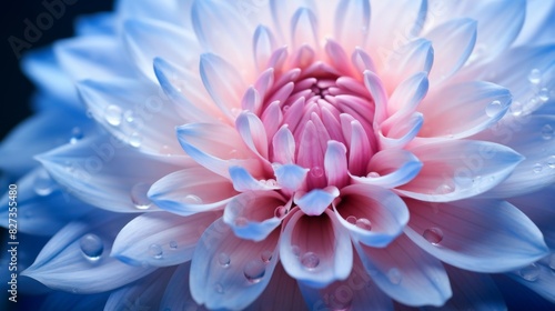 Delicate Dahlia Petals With Water Droplets In Soft Pink And Blue Hues. Generative AI