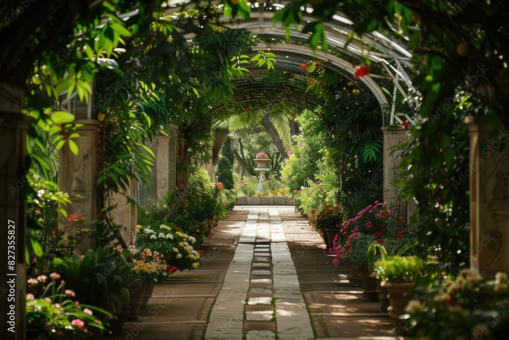 Serene walkway in a lush garden with dappled sunlight filtering through an arched trellis Serene walkway in a lush garden with dappled sunlight filtering through an arched trellis