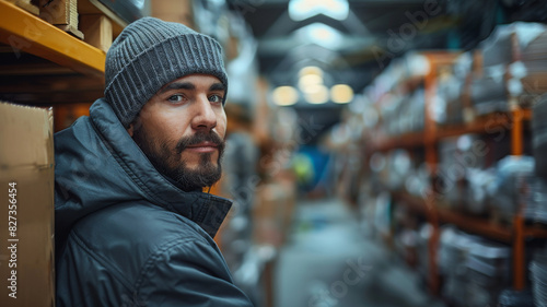 A bearded man in a hat stands in a warehouse. © Dalidudko
