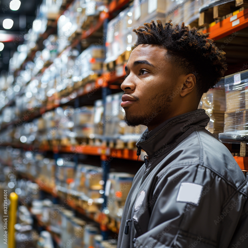 A bearded African-American man stands in a warehouse. A bearded African-American man stands in a warehouse.