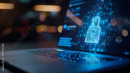 Futuristic laptop display shows holographic padlock in blue tone. Cybersecurity measures protect sensitive data with encryption and barrier graphics.