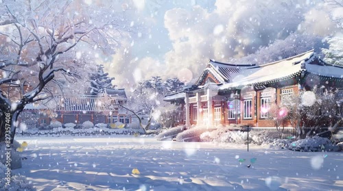 Korean school conditions in winter with cloudy skies. cartoon or anime style. 4k digital painting animated video background that moves smoothly and loops