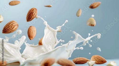 Almonds floated in the air and milk splashed. Isolated on blue gradient background.