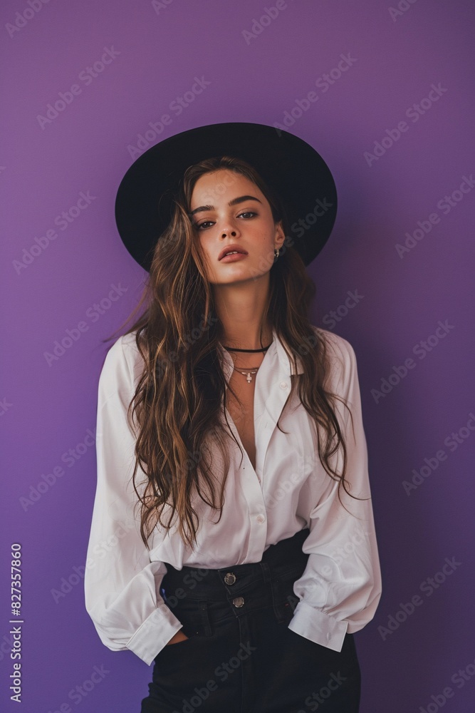Chic Fashion: Stylish Woman in Purple Backdrop Chic Fashion: Stylish Woman in Purple Backdrop
