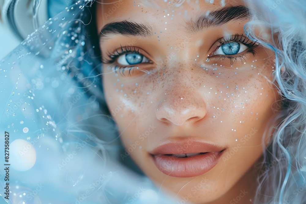 Mesmerizing Close-Up Portrait of a Freckled Woman with Bright Blue Eyes in Ethereal Light Mesmerizing Close-Up Portrait of a Freckled Woman with Bright Blue Eyes in Ethereal Light