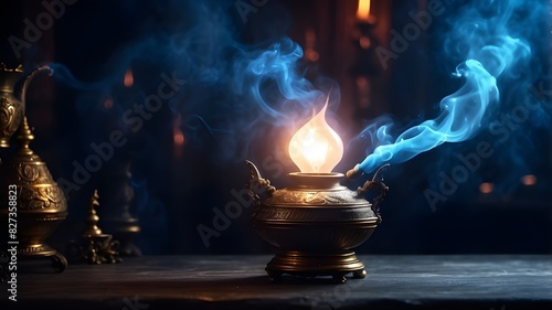 Closeup wish lamp and blue magical smoke of genie coming out of it on dark background with space for photo