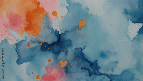 Blue watercolor backdrop with orange-pink borders and a vibrant center.