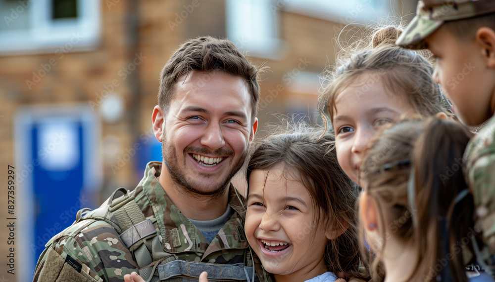 Soldier surprising their family at a school event, with copy space Soldier surprising their family at a school event, with copy space