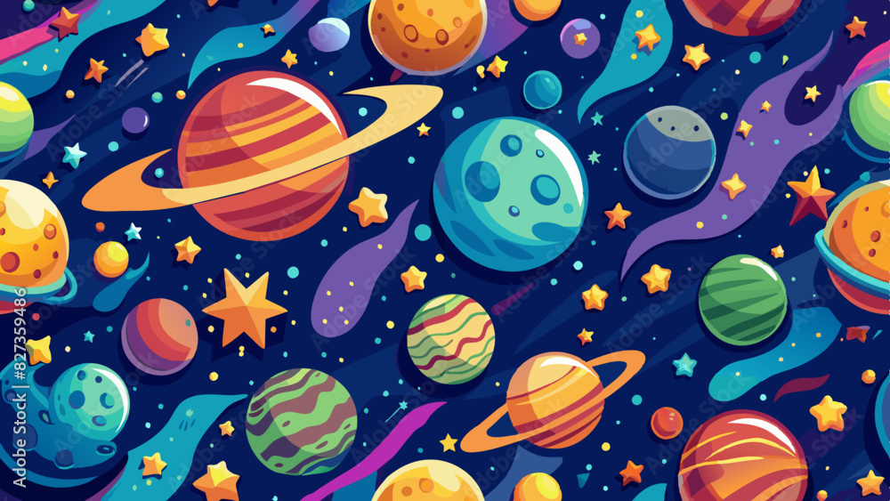 Dynamic universe scene with planets and celestial elements. Planets and stars illustration. Deep space exploration with vivid planetary orbits. Richly colored planets in a swirling cosmic flow. Dynamic universe scene with planets and celestial elements. Planets and stars illustration. Deep space exploration with vivid planetary orbits. Richly colored planets in a swirling cosmic flow.