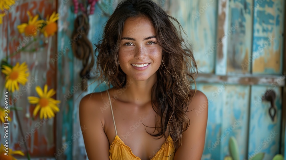 Fototapeta premium happy brunette woman with a beautiful smile joyfully posing for a portrait