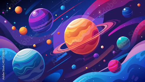 Dynamic universe scene with planets and celestial elements. Planets and stars illustration. Deep space exploration with vivid planetary orbits. Richly colored planets in a swirling cosmic flow. 