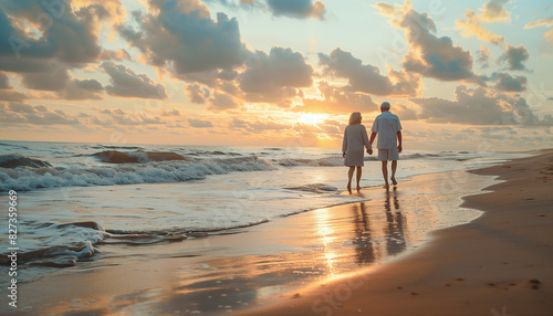 Fototapeta Naklejka Na Ścianę i Meble -  Elderly couple walking hand in hand along a beach at sunset, with copy space