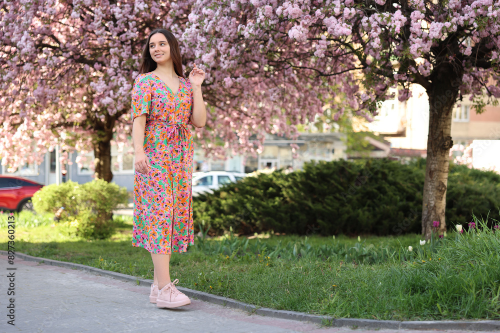 Beautiful woman and blossoming trees on spring day Beautiful woman and blossoming trees on spring day