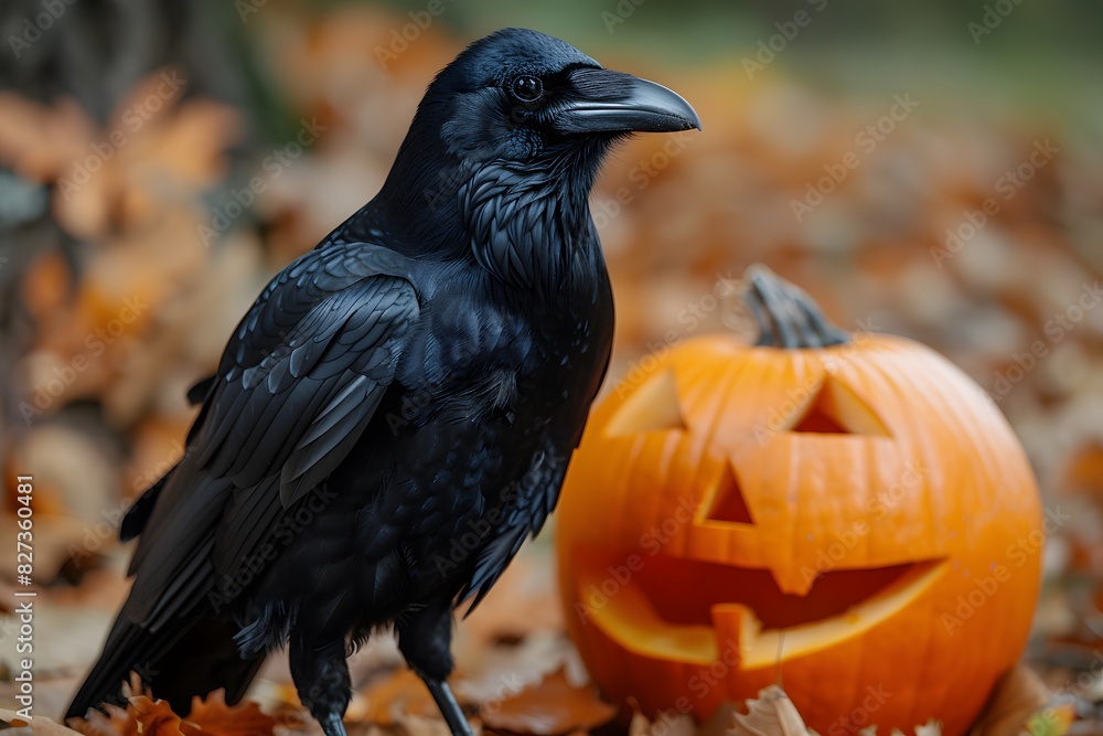 Fototapeta premium Halloween Concept with Black Crow and Carved Pumpkin in Autumn Leaves