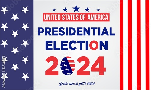 US Election 2024 campaign with USA flag. 2024 presidential election banner design. USA presidential election 2024. Election voting banner, poster. Vote day, November 5. Template vector illustration.
